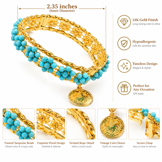 24K Gold Tone Turquoise Beaded Bangle Bracelet with Vintage Coin Charm – Boho Statement Jewelry for Women