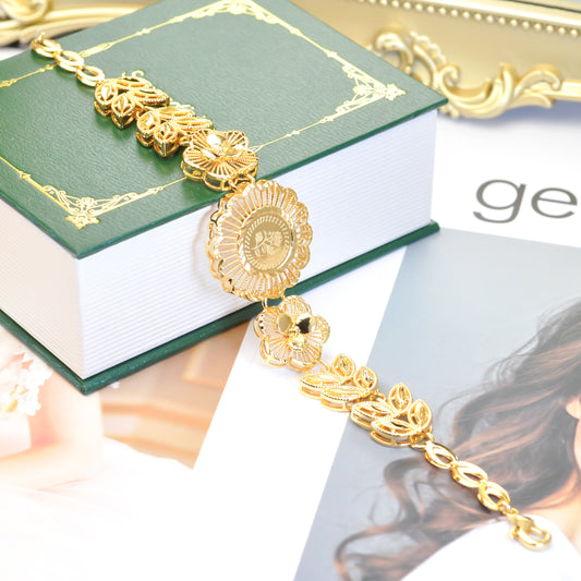 Elegant 24K Gold-Plated Floral Bracelet 9inch(23cm) Women Jewelry 24KBR006
