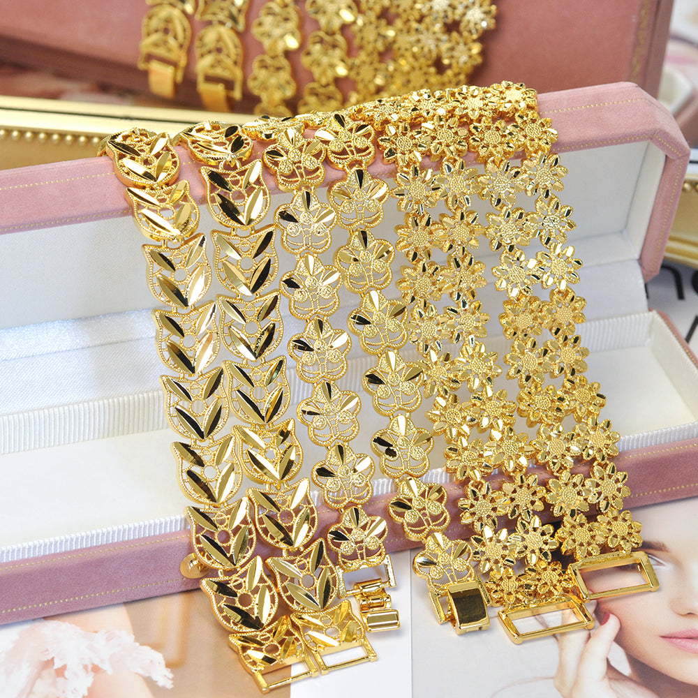 Elegant 24K Gold-Plated Wide Hollow Floral Bracelet 7.87inch Women Jewelry 24KBR002