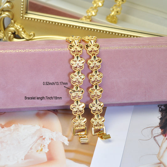 Elegant 24K Gold-Plated Narrow Hollow Floral Bracelet 7inch Women Jewelry 24KBR003
