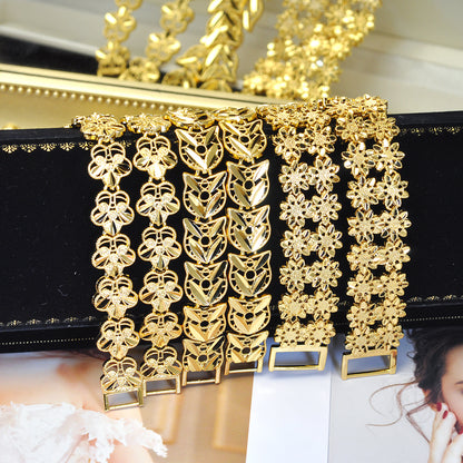 Elegant 24K Gold-Plated Narrow Hollow Floral Bracelet 7inch Women Jewelry 24KBR003