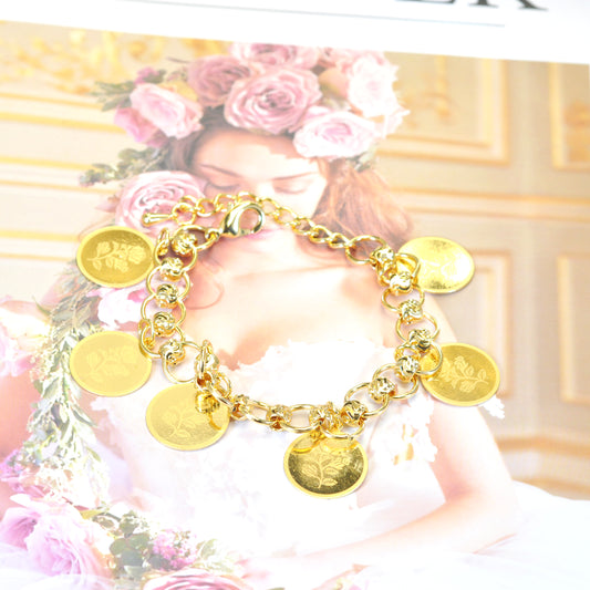 Elegant 24K Gold-Plated Narrow Hollow Floral Bracelet 9inch Women Jewelry 24KBR004