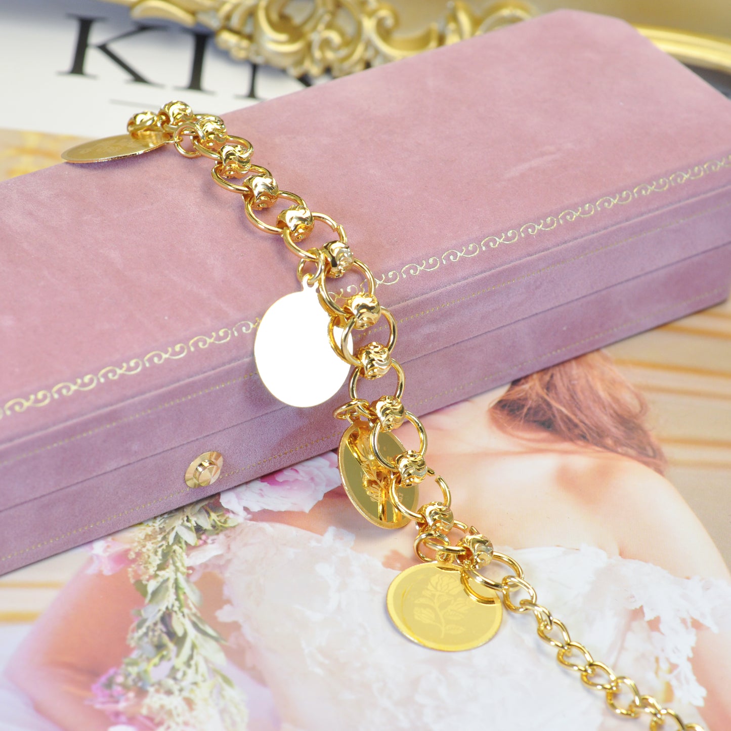 Elegant 24K Gold-Plated Narrow Hollow Floral Bracelet 9inch Women Jewelry 24KBR004