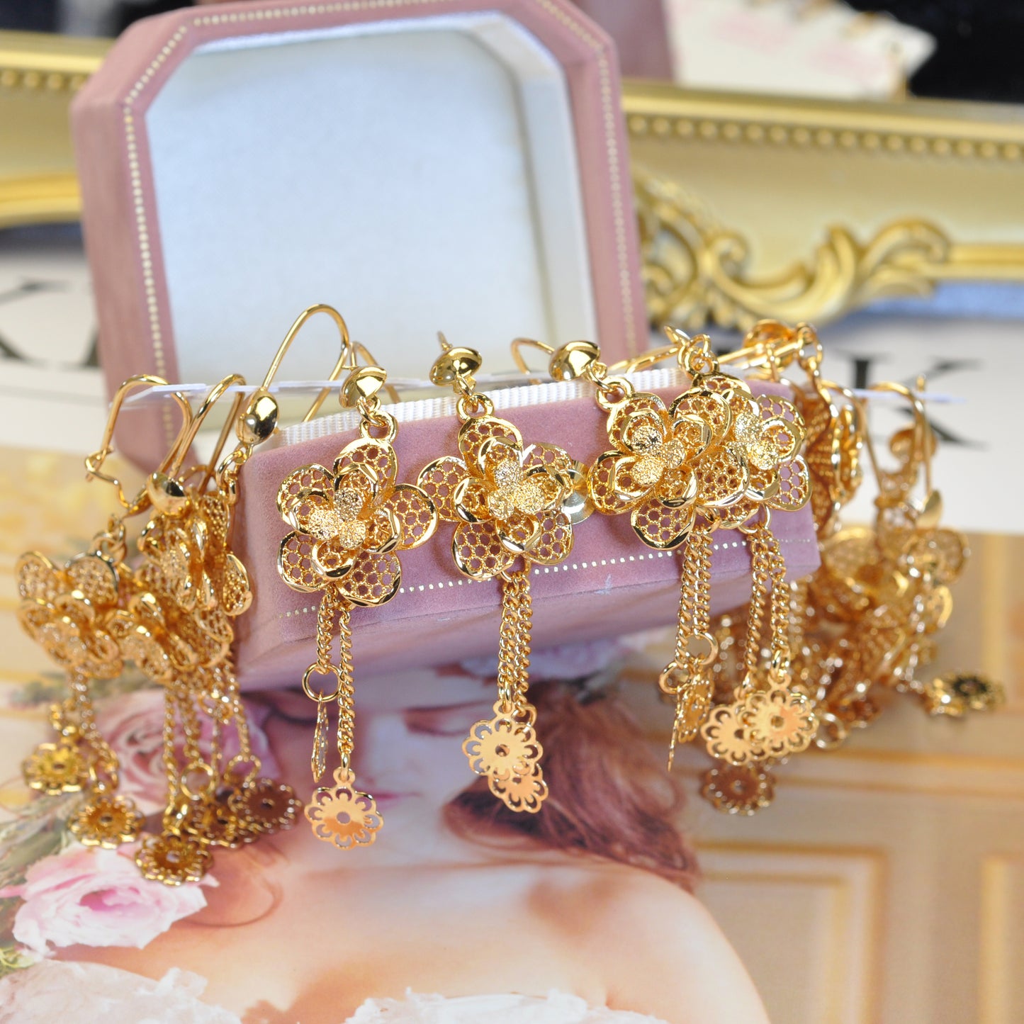 Champagne-Toned Plated Hollow Floral Dangle Earring ER001