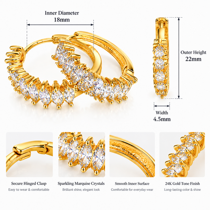 24K Gold Plated Marquise Crystal Hoop Earrings – Elegant Statement Jewelry for Women