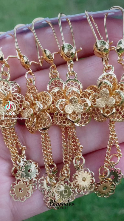 Champagne-Toned Plated Hollow Floral Dangle Earring ER001
